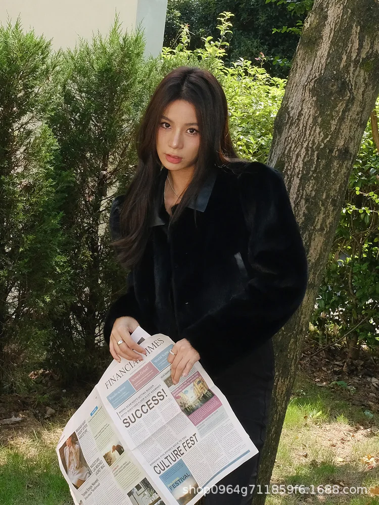 Kunstpelz, kurze Jacken, Mäntel, Damen, mittellang, Event, Mutter, Punk, nahtloses Design, gewebtes Muster, Quasten, Patchwork, Kapuze, Eleganz