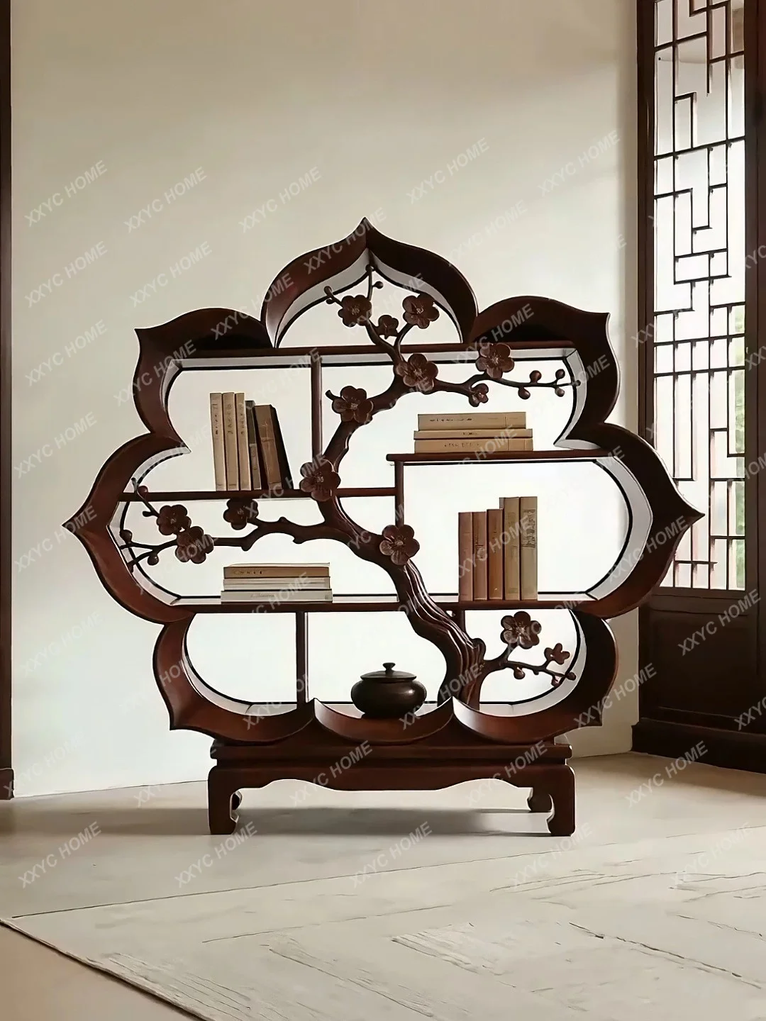 Flower bookshelf Zen Bogu shelf Living room solid wood special-shaped display shelf