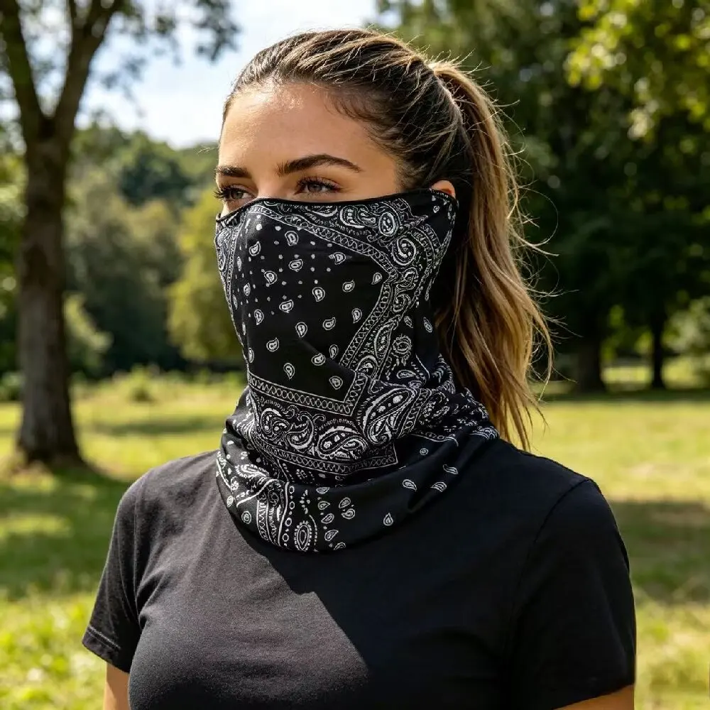 

Patterned headscarf-style ice silk cycling face mask for sun protection and breathability in outdoor sports, running and fishin