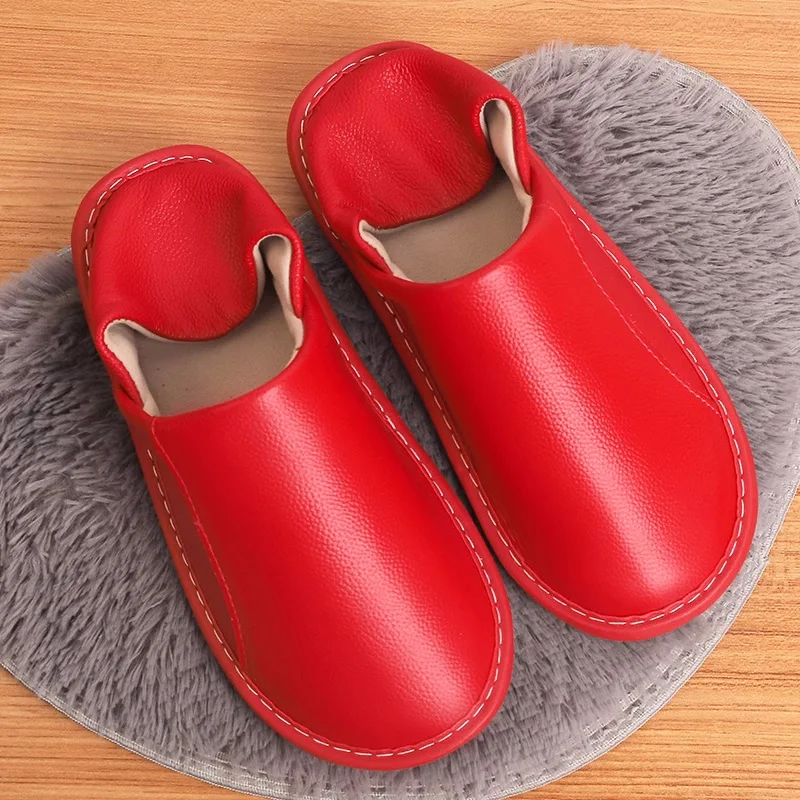 Women's Leather Indoor Slippers Genuine Leather Solid Color Winter Warm Comfortable Home Slippers for Men