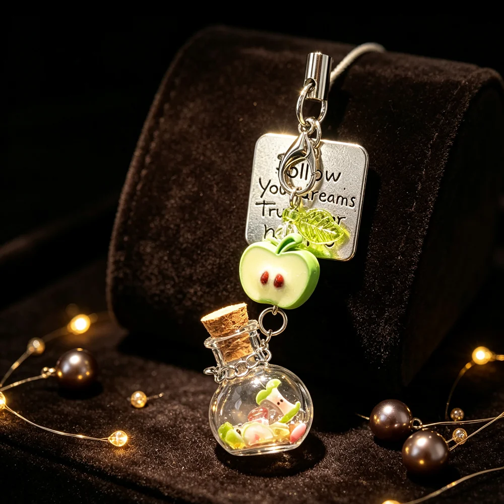 Cute Green Apple Themed Wishing Glass Bottle Key Chain Decorative Charm for CCD Phone Bag Backpack Camera Pendant Keychain Ring