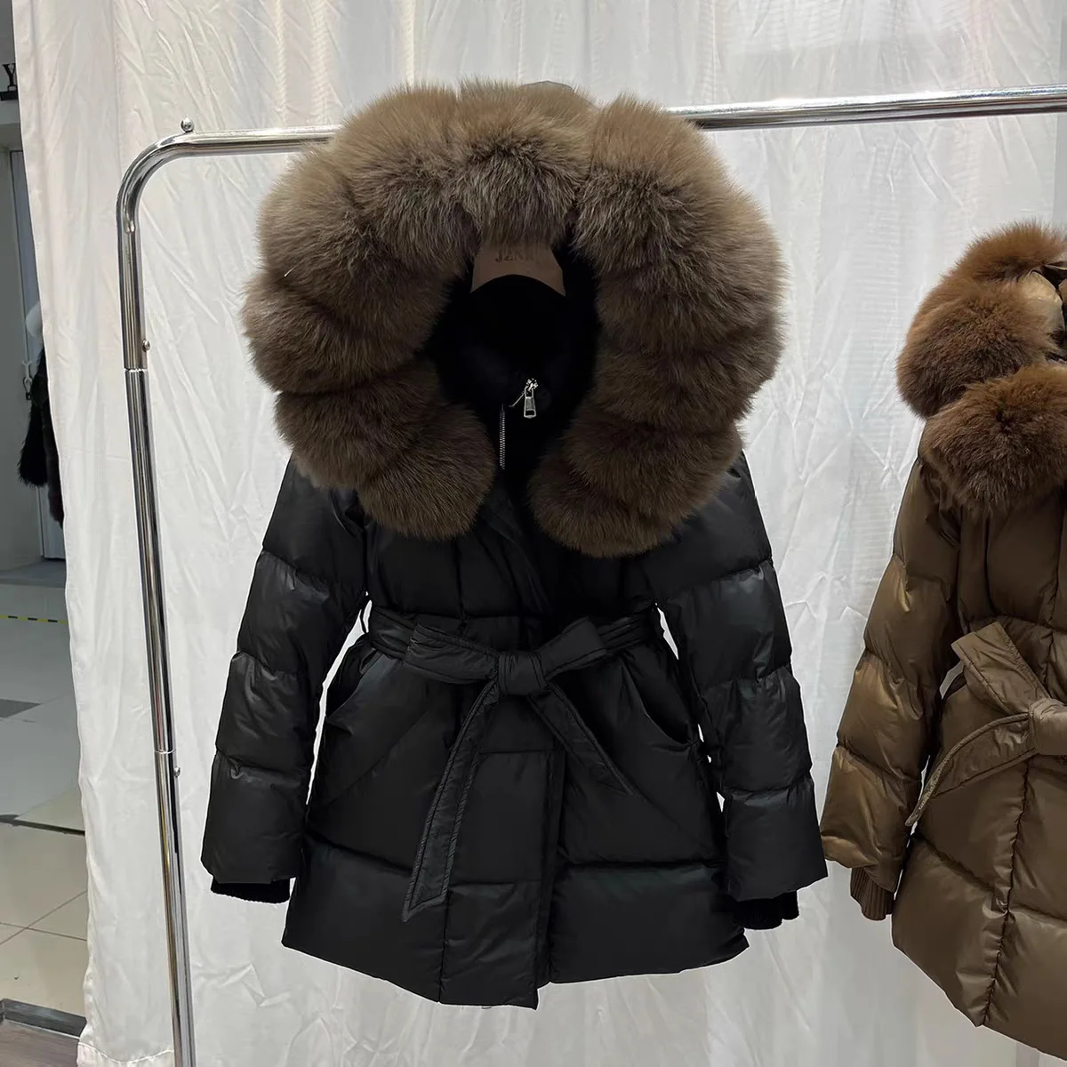 Women White Duck Down Mid-length Outwears Winter Natural Large Fur Collar Hooded Down Jacket Female Warm Lace Up Parker Jacket