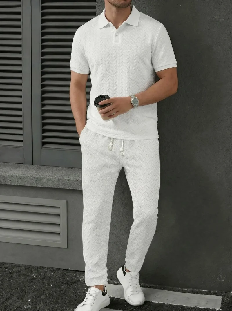2026 New Style European Spring-Autumn Men's Short-Sleeved Ribbed Collar Polo Shirt and Pants Set for Leisure and Sports