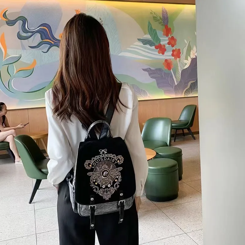 Brand Women Diamond Backpack Fashion Embroidery Shoulder Bag Large Capacity Female Backpack Luxury Soft Leather Travel Backpack