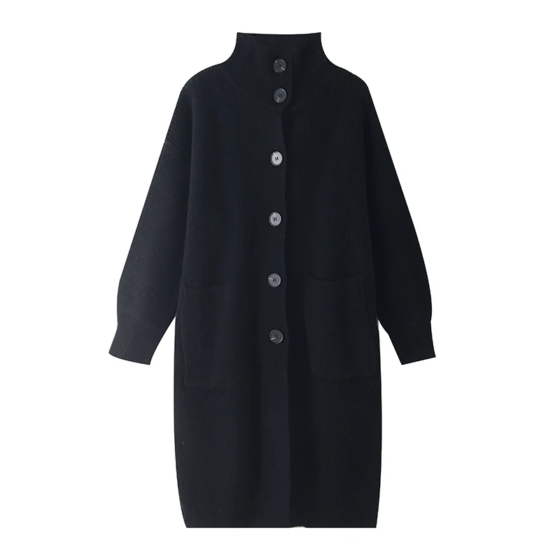 Fashion women's high-grade design simple high-necked knitted cashmere cardigan long loose sweater