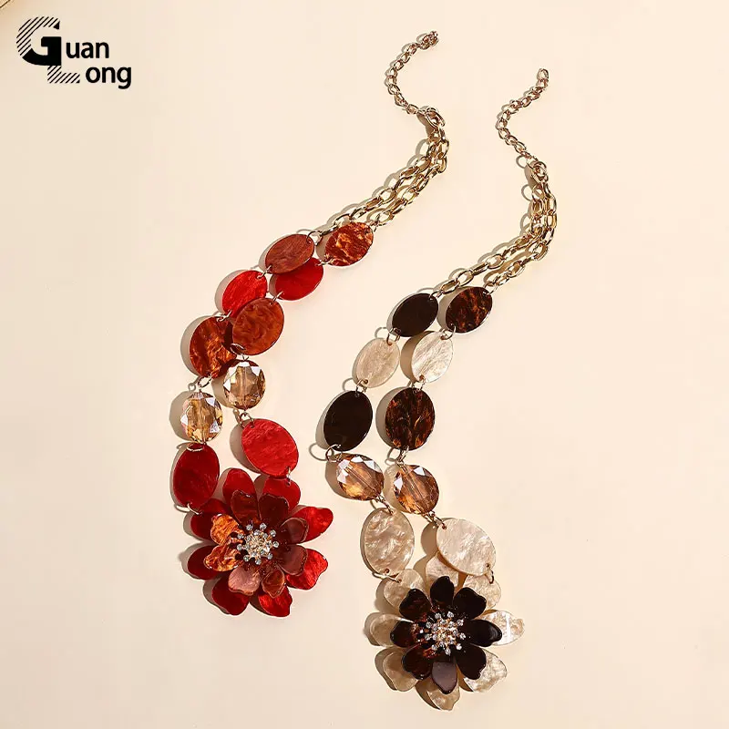 GuanLong Trendy Metal Resin Chain Necklace For Women Big Exaggerated Flower Pendant Necklace for Girls Stainless Steel Jewelry