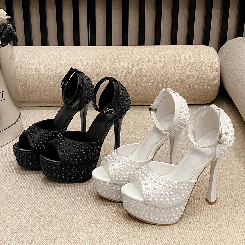 

Aneikeh 2026 Summer Elegant White Rhinestone High Heels Platform Women Wedding Shoes Fashion Open Toe Buckle Strap Party Shoes