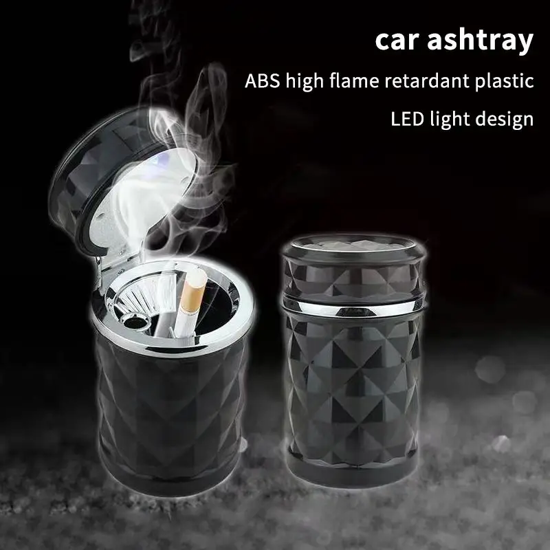 Portable Car Ashtray Fireproof ABS LED Light Attached Diamond Pattern Surface for Commute Travel Smokers Gift