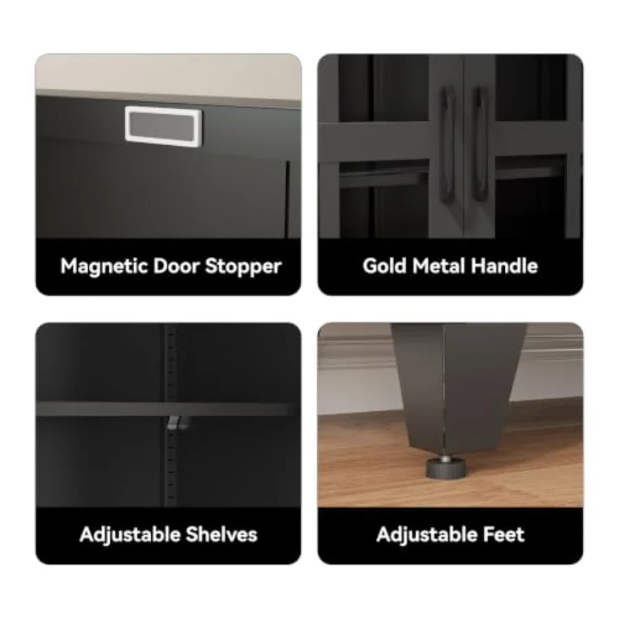 71 Metal Pantry Cabinet with Glass Doors for Living Room, Steel, Black, Adjustable Shelves and Soft-Close Doors view 4