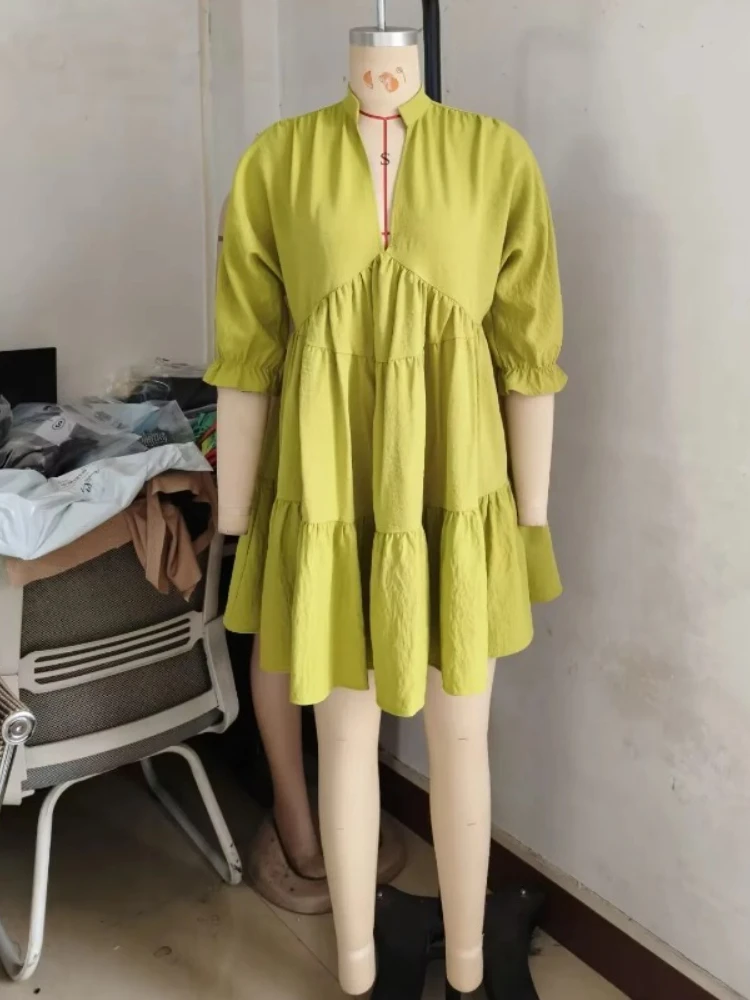 

CustomizeAfrican Dresses for Women Autumn Fashion Short Sleeve V-neck Polyester Solid Color Mini Dress Outfits Ankara Dress