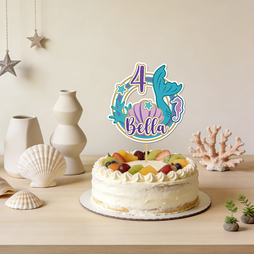 Personalized Mermaid Birthday Cake topper custom Under the Sea Party Ocean Animal Pattern Cake Decorations Party Cake Decoration