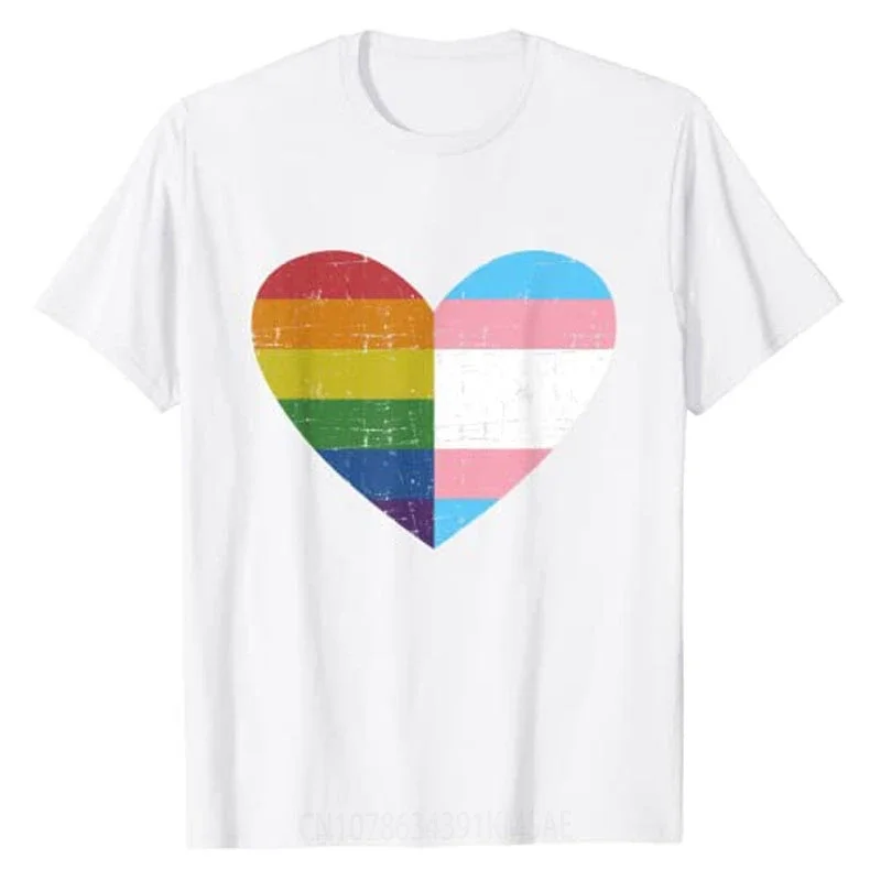 Heart with Rainbow and Transgender Flag for LGBT Pride Month T-Shirt LGBTQ Proud Graphic Tee Tops Women Men Clothing