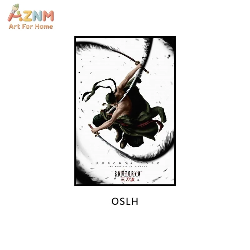 AZNM One Piece Roronoa Zoro Santoryu Three Sword Style Minimalist Anime Frameless Canvas Wall Art, Home Living Room Bedroom Deco