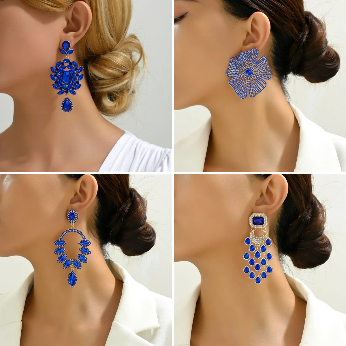 Exaggerated Sparkling Klein Blue Rhinestone Floral Earrings for Women Elegant Luxury Jewelry New Fashion Party Prom Accessories