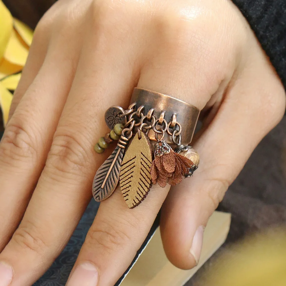 

Vintage Pendant Open Ring Bohemian Style Feather Adjustable Ring