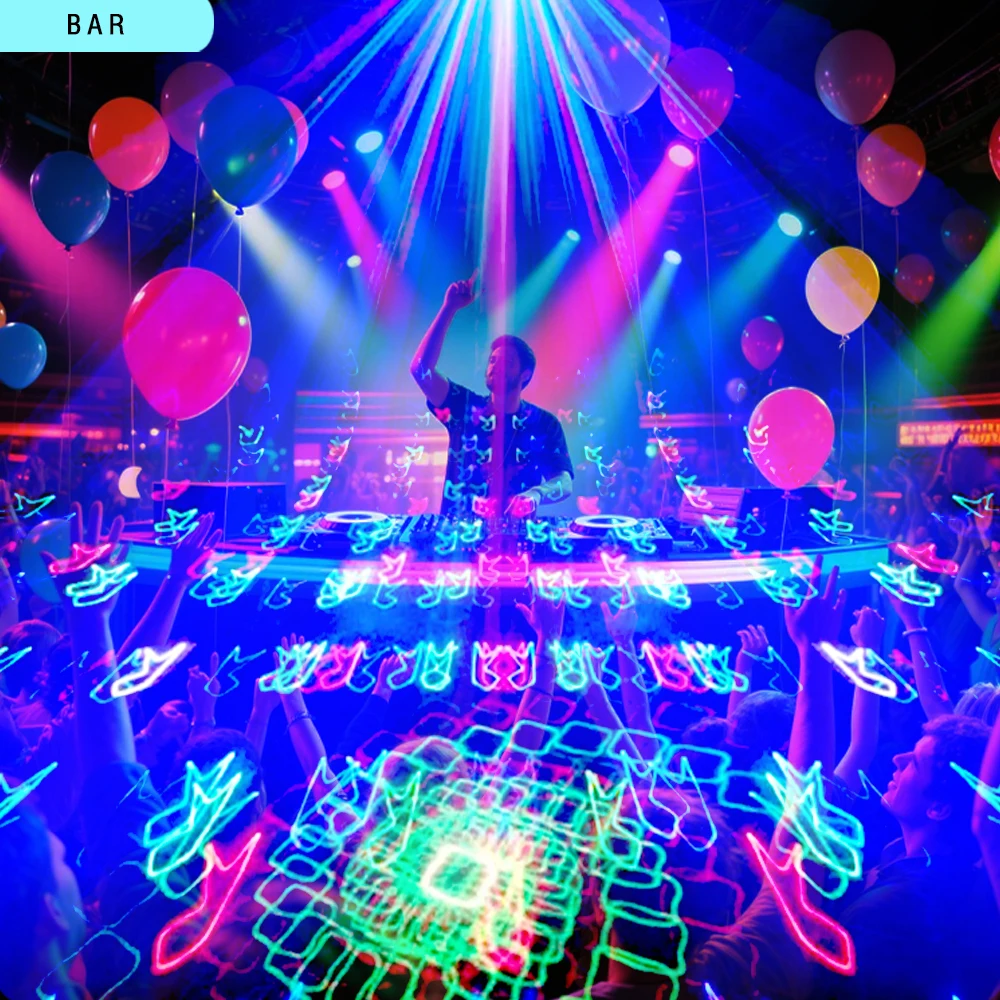ضوء حفلة ثلاثي الأبعاد ديسكو DJ ضوء الليزر 5 في 1 تأثير ضوء اصطرابي تنشيط الصوت DMX مع الضوء المحيط للتحكم عن بعد
