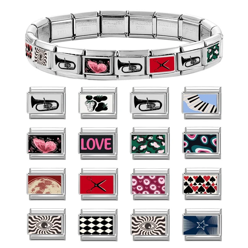 Y2K Pink Butterfly Love Black No.8 Hearts Stars Italian Links Charm Fit 9mm Jewelry Stainless Steel Making DIY Bracelets Gifts