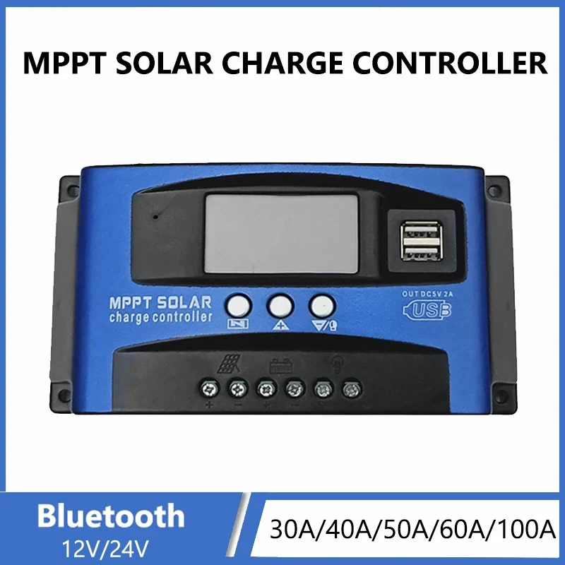 MPPT 100A 60A 50A 40A 30A Solar Charge Controller Dual USB 12V 24V Solar Cell Panel Charger Regulator Bluetooth Controller