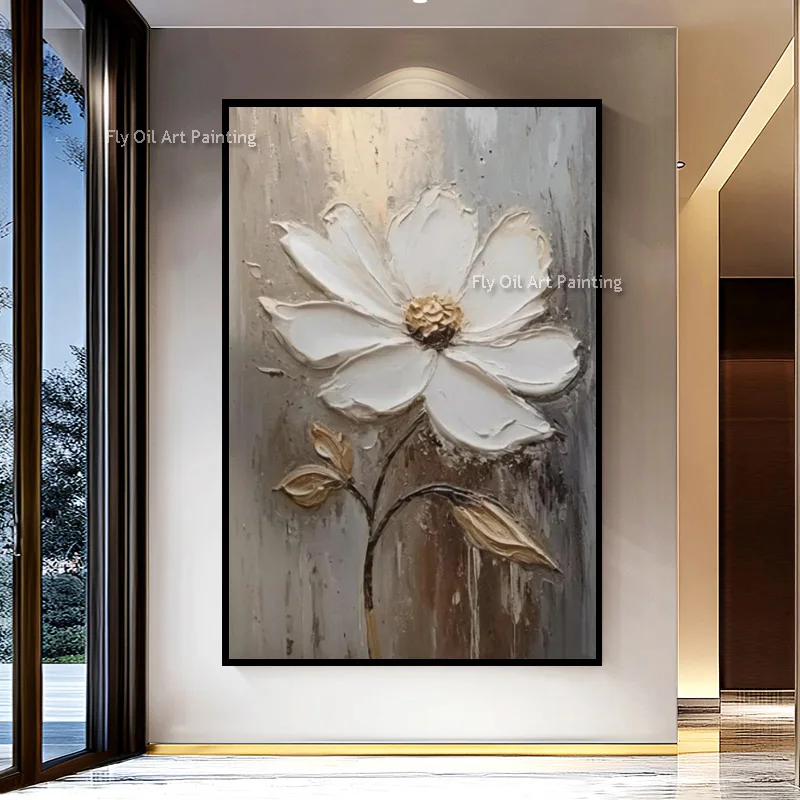 Popular Abstract Black Grey Flower Oil Painting New Design Artwork Handpainted White And Yellow Florals Canvas Wall Art Decor