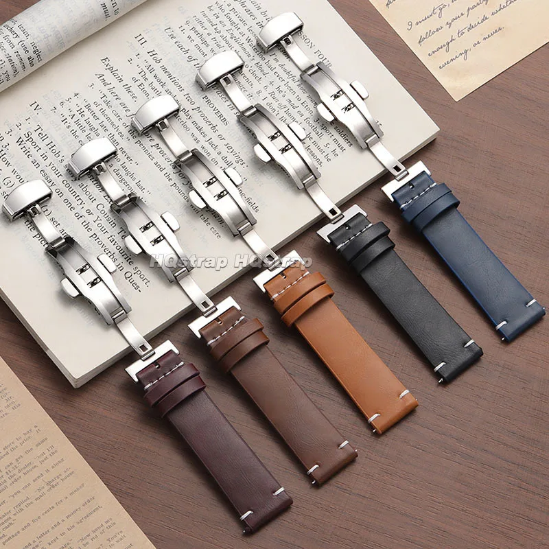 レザー時計バンド 18mm 20mm 22mm 牛革ストラップ バタフライバックル クイックリリースブレスレット セイコー用 ロレックス用 オメガ用 リストバンド