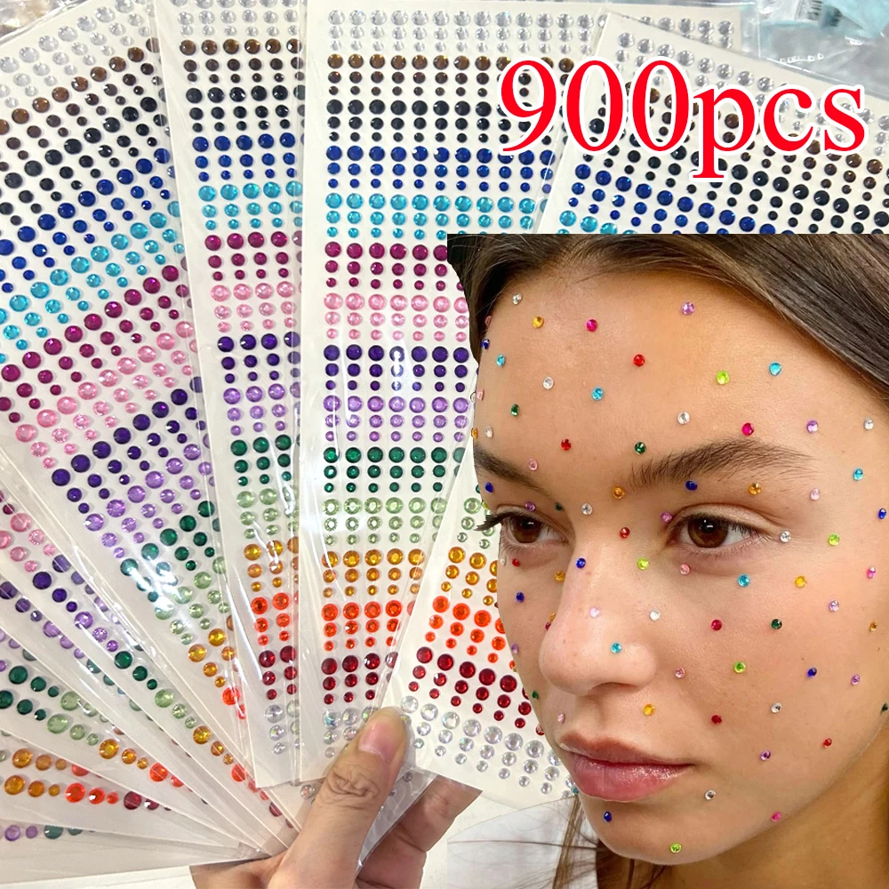 900Pcs Mixed Color Self-adhesive 3D Face Gems 3/4/5mm Flat Back Colored Rhinestones Face Tattoo Sticker Festival Face Decoration