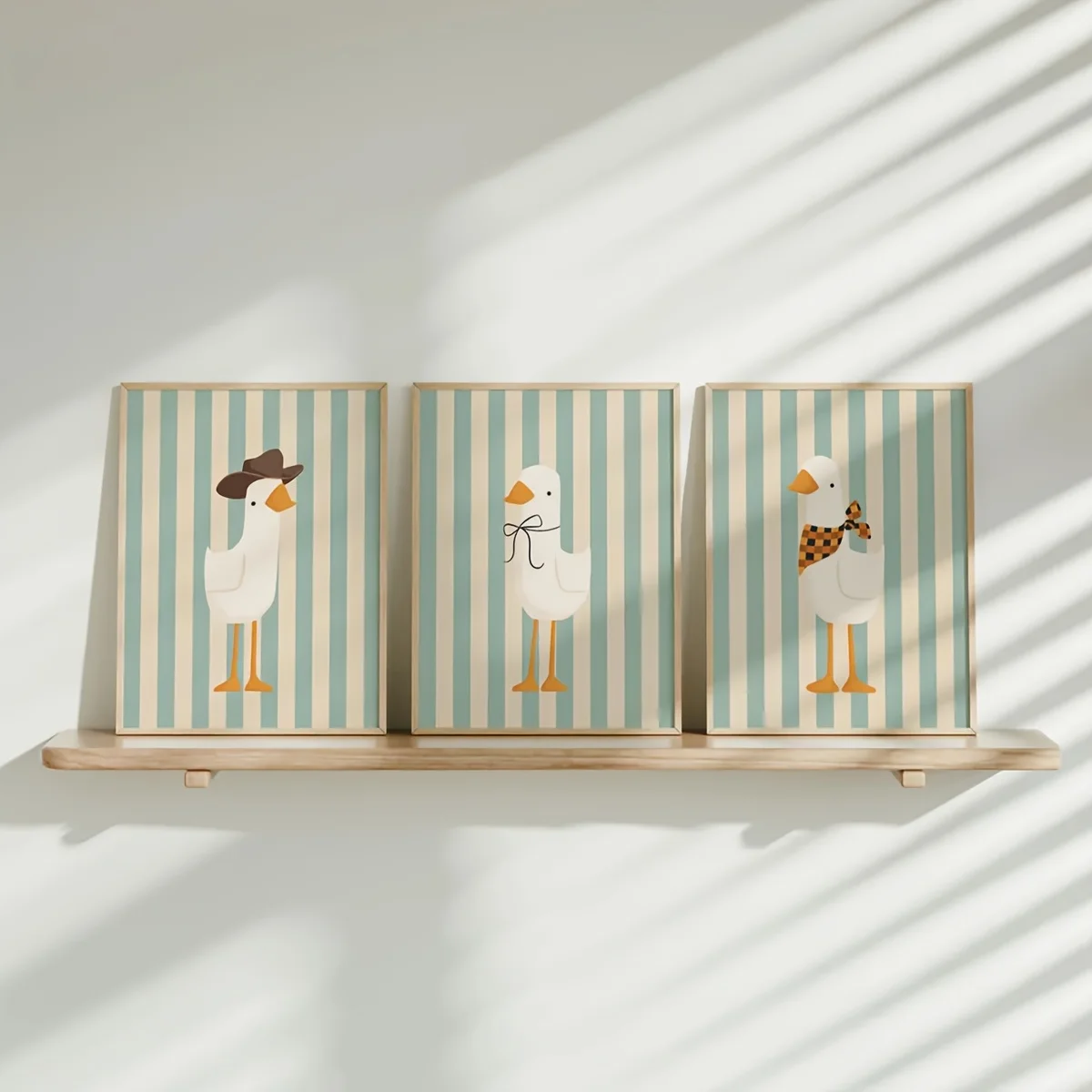 3pcs/set of Whimsical Goose Animal Canvas Prints Blue Striped Denim Turban Goose Wall Art Posters for Modern Nursery Home Dec