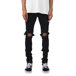 European and American Fashionable Men's Pure Color Jeans Personalized High Street Ripped Slim-fit and Stretch Ankle-length Jeans