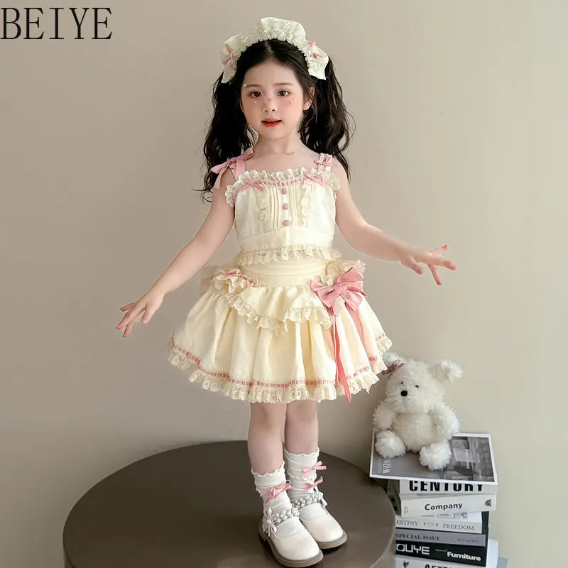 Super Fairy Lolita Birthday Outfits for  Girls Sweet Lolita Suspender Skirt Set Children Summer Lace Princess Birthday Suits