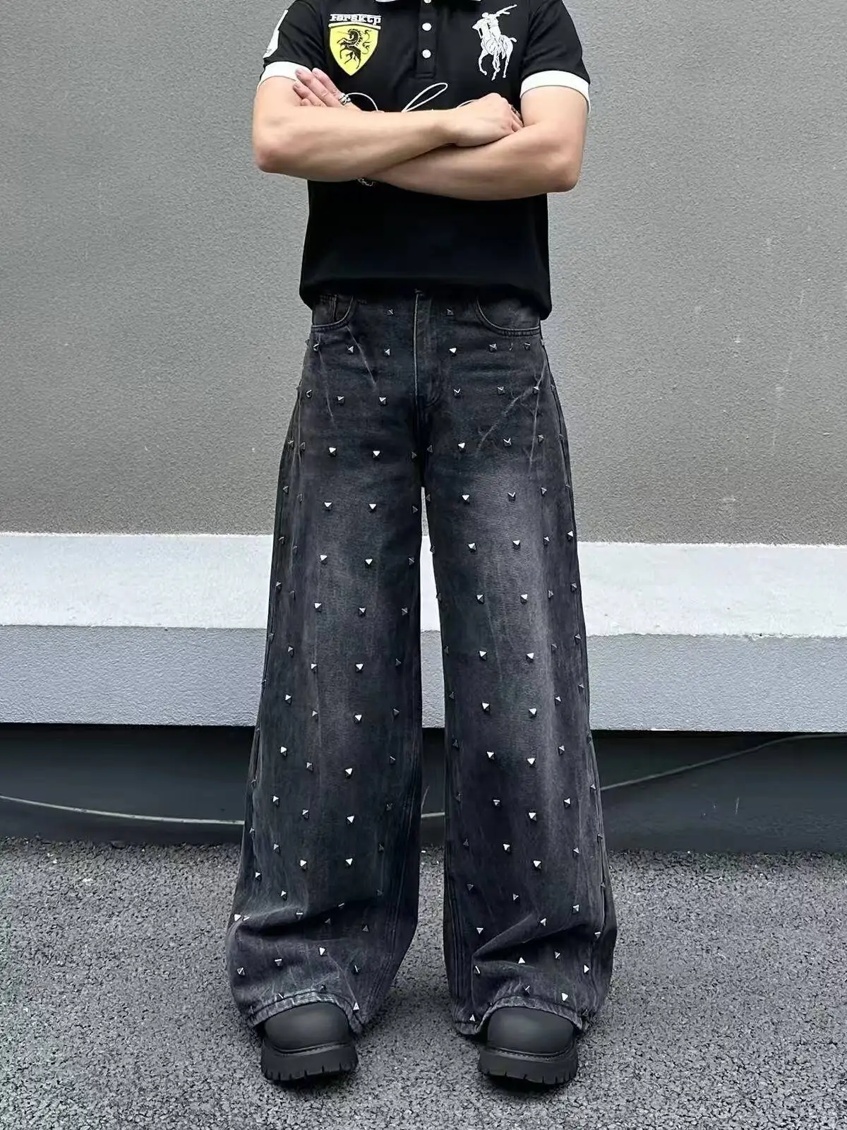 Men's Washed Black Rivet Jeans American Casual Fashion 2026 Autumn New Spliced Punk Style High Street Male Loose Denim Pants