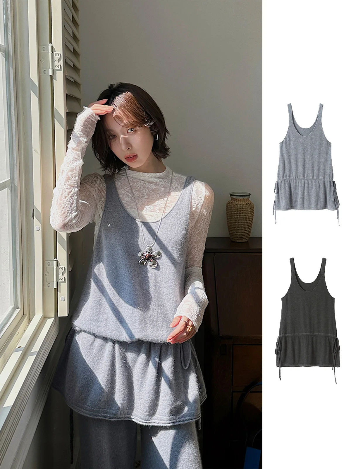 

Loose Knitted Mid-Length Wrap Outerwear Dstring Vest REREK DEARSOCUTE Hand-Pied Items Casual Women's Faion