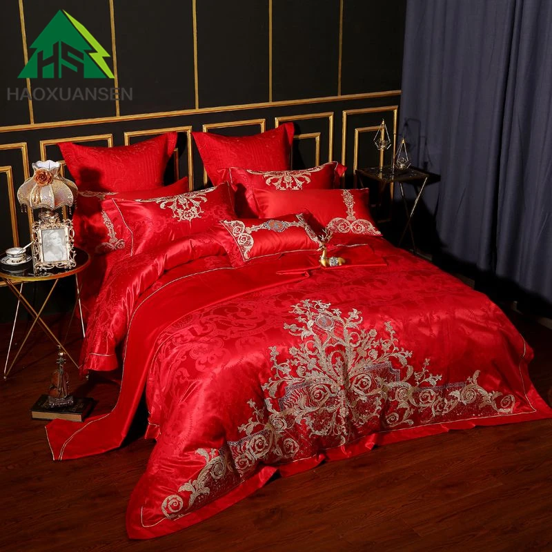 

Luxury Euro Embroidery Palace Dome Bedding Set 4/6/9Pcs Bed Linens Bedspread Duvet Cover Sheets Pillowcase Red Pure Cotton 650TC