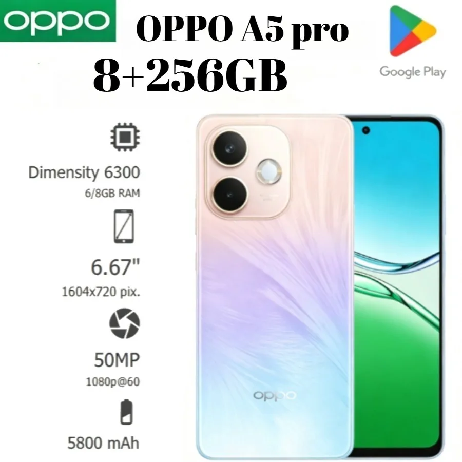 2026 New Arrival OPPO A5 Pro 5G Smart Phone 120Hz High Refresh AMOLED Screen 6000mAh Large Capacity Battery 80W Fast Charging AI