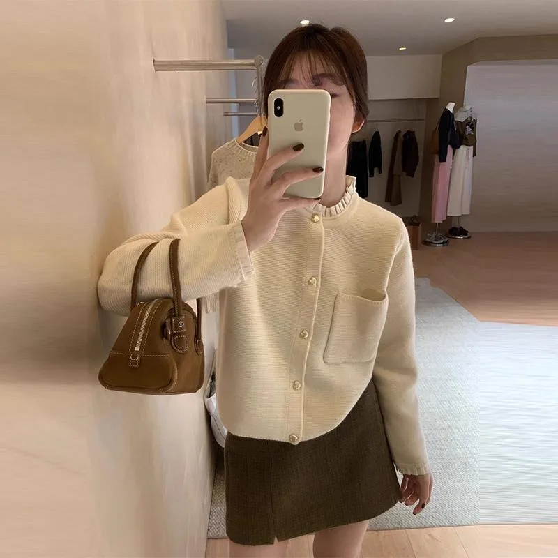 New Fungus Pleated Lace Knitted Cardigan French Love Button Sweater Jacket Top