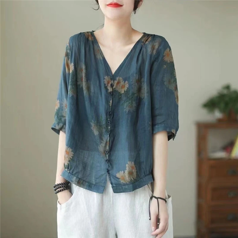 Womens Vintage Floral Print Button Up Shirt Summer Stylish Casual V Neck Blouse Half Sleeve Loose Tops Blusas Mujer De Moda 2023