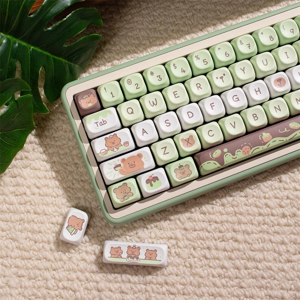 95/132 Keys Cute Bear Dessert Key Cap Green MOA Profile PBT Dye-Sublimation Mechanical Keyboard Keycaps For MX Switches DIY Cuz