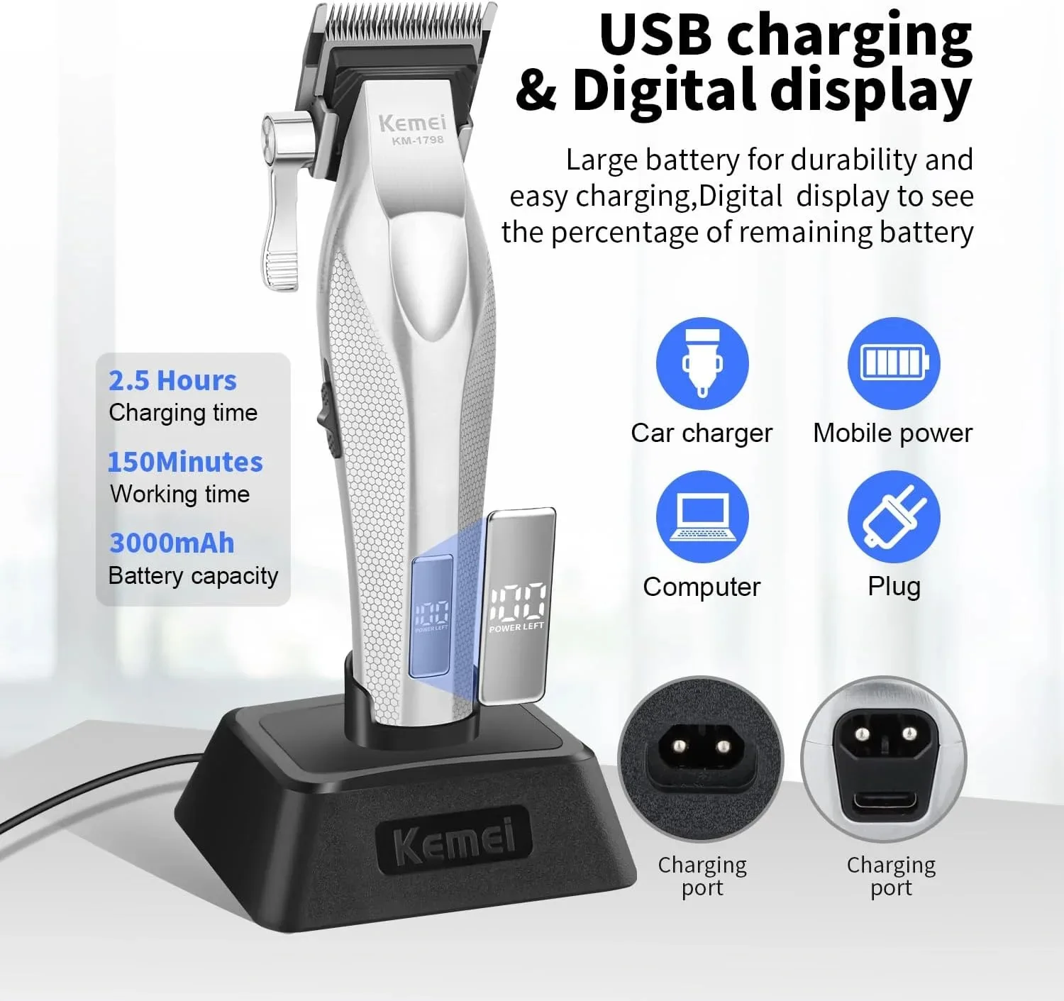 Professional Hair Clippers Hair Cutting Machine Electric Clippers 9000 RPM Trimmers Adjustable Hair Clippers KM-1798 KM-3023-702 view 2