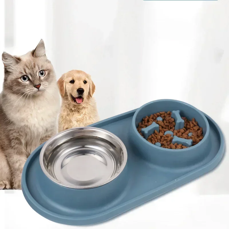 Dog Double Bowl with Silicone Mat Cat Pet Food Water Feeder Drinking Bowls Stainless Steel Anti-Choking Non-Slip Basin Dog Bowl