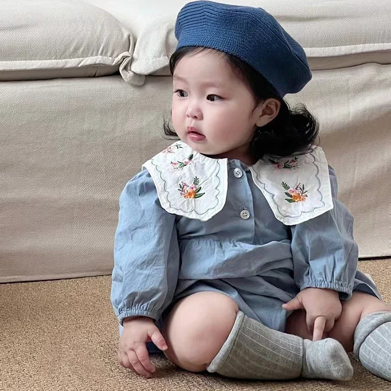 Весенние боди с вышивкой для девочек, одежда с длинными рукавами и цветочным узором для маленьких девочек, модный детский повседневный праздничный комбинезон для малышей, корейский стиль