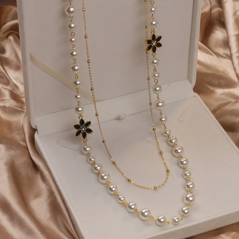 Kobiety Perły Podwójna warstwa Długi naszyjnik Wysokiej jakości biżuteria ślubna Akcesoria dla pań Elegancki łańcuszek Collares de moda