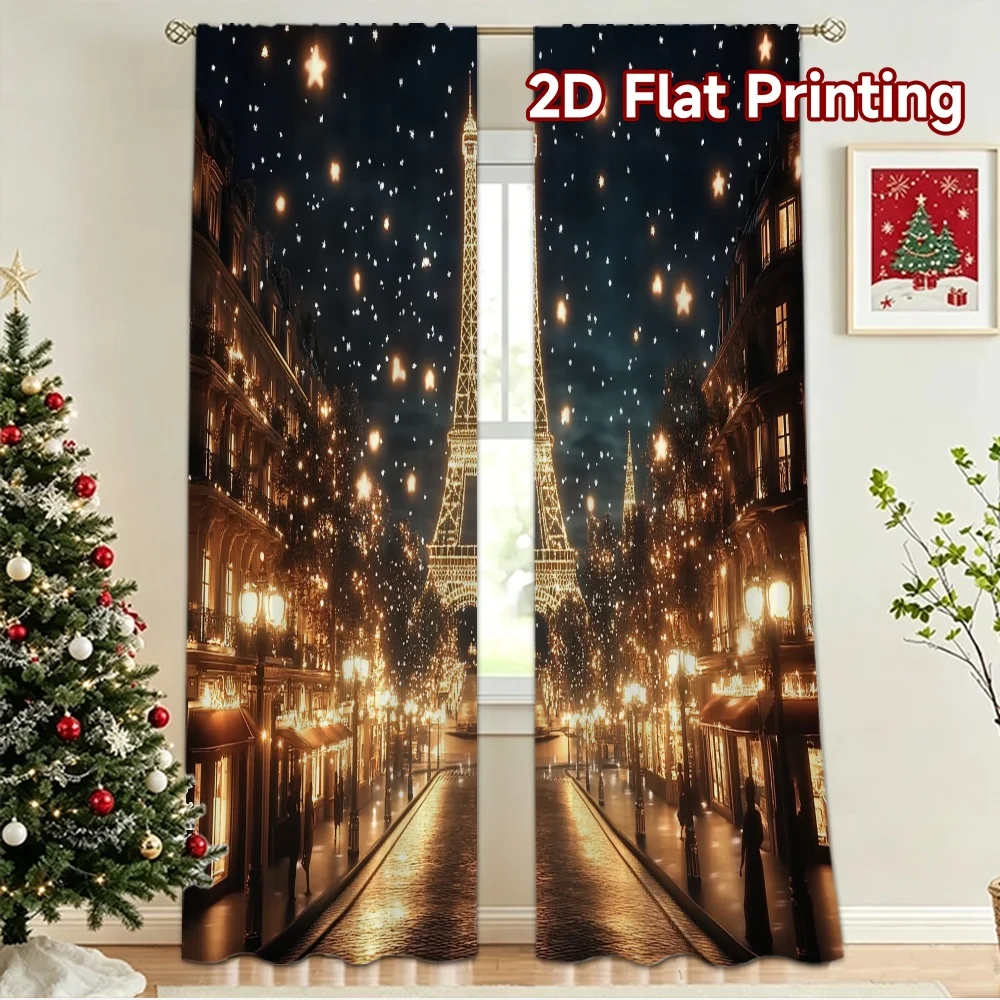 2D flat 2pcs Curtain French Romantic Style Starry Eiffel Tower Night Digitally printed polyester Birthday Party Perfect for
