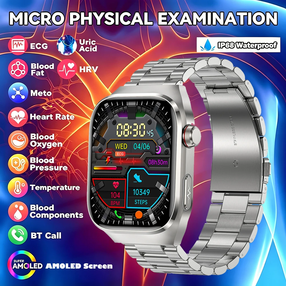 

2.04-inch AMOLED Health Smart Watch ECG+HRV Heart Rate Blood Pressure Temperature Bluetooth Call Sport Smartwatch Men Women