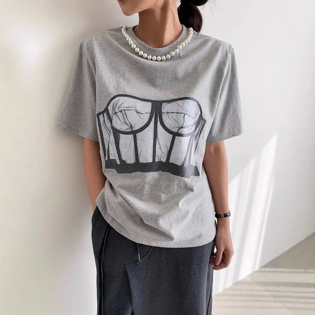 Camiseta Casual Holgada de Verano Estilo Europeo y Americano, Diseño de Sujetador Estampado, Camiseta Sexy de Manga Corta para Mujer