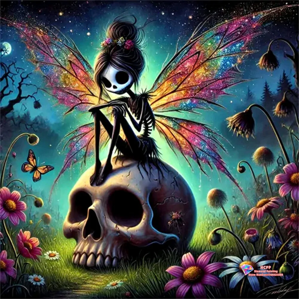 Skeleton Fairy on Skull with Flowers 5D DIY Diamond Painting Set with Square and Round Diamonds Handmade Crafts Home Decor Gifts