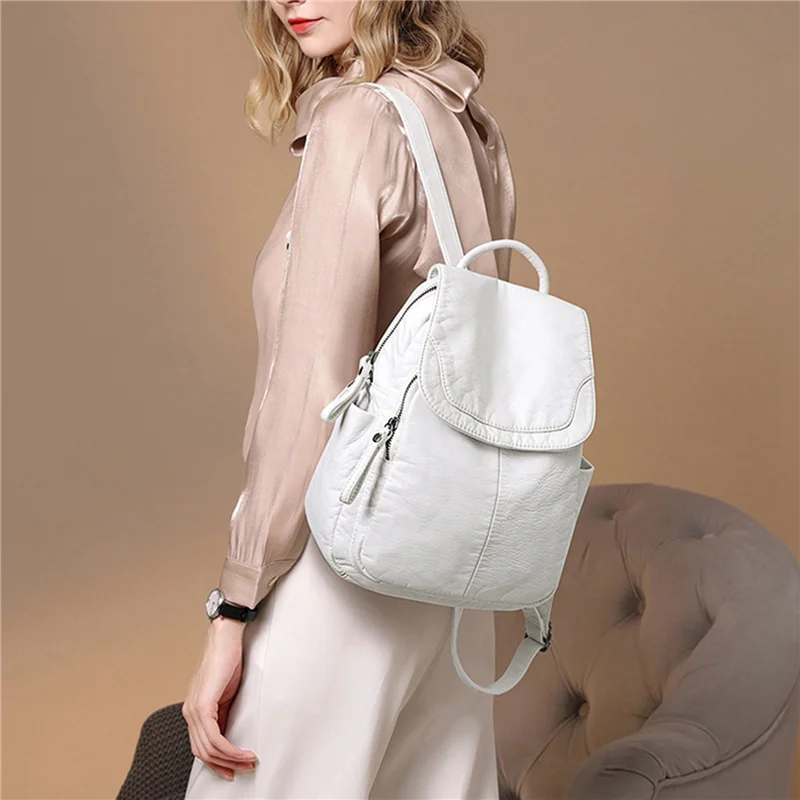 

【SEE】2X Women's Soft Leather Casual School Bag Washed Leather Backpack Girl Travel Small School Bag-White