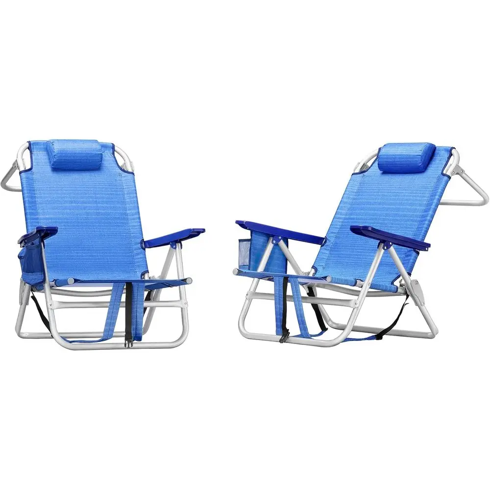 Heavy-Duty Folding Beach Chairs with Large Pockets and Cup Holders, Adjustable Height, Ideal for Outdoor Travel - Set of 2, Navy
