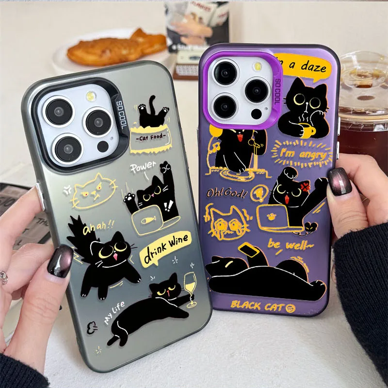 Cute Doodle Angry Black Cat Case for iPhone 16 15 14 13 12 11 Pro Max XS X XR 8 7 Plus SE 2020 Matte Hard Shockproof Phone Capa