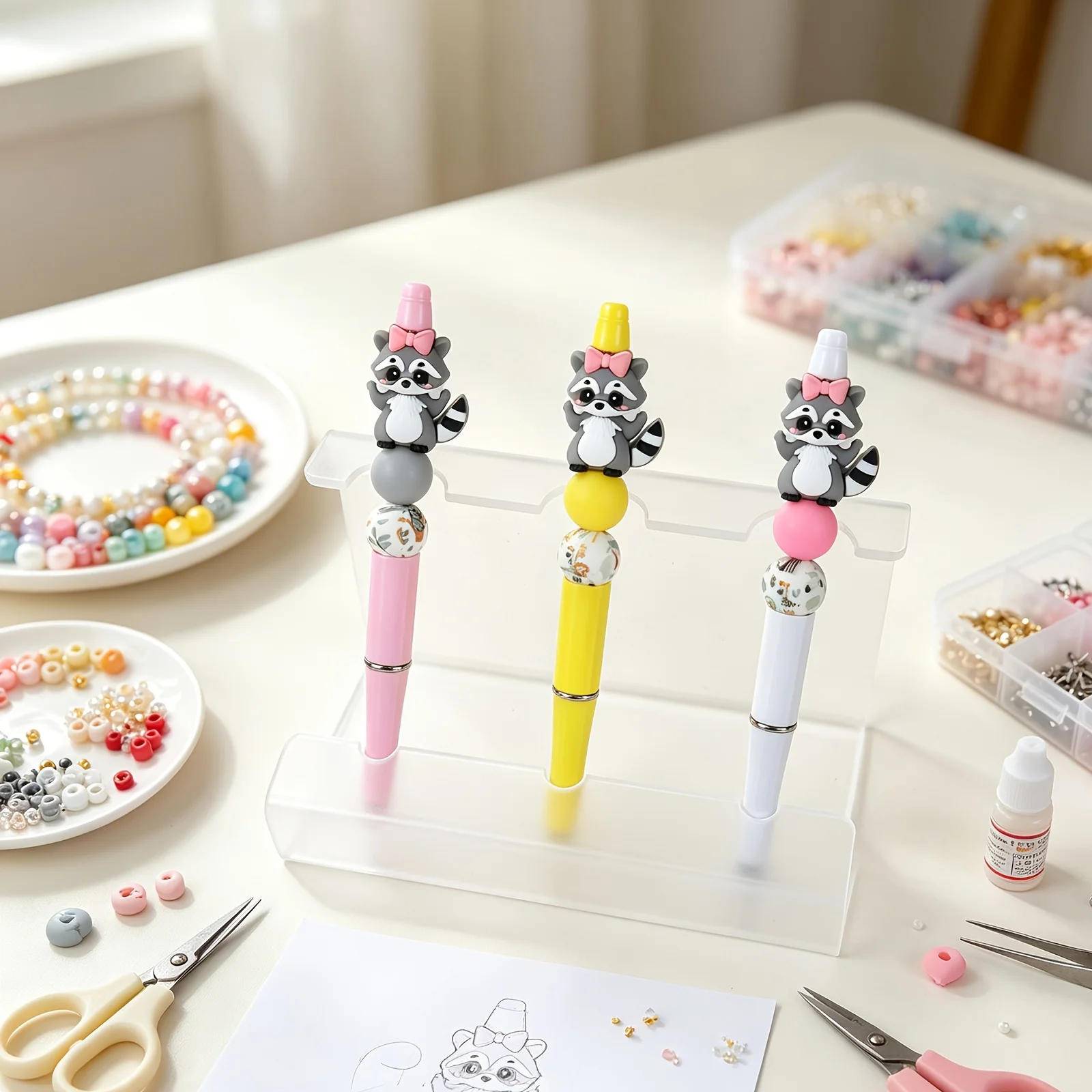 6Pcs New 3D Raccoo Silicone Focus Beads, Loose Beads for DIY Beaded Pen Bracelet Lanyard Party Craft Decor