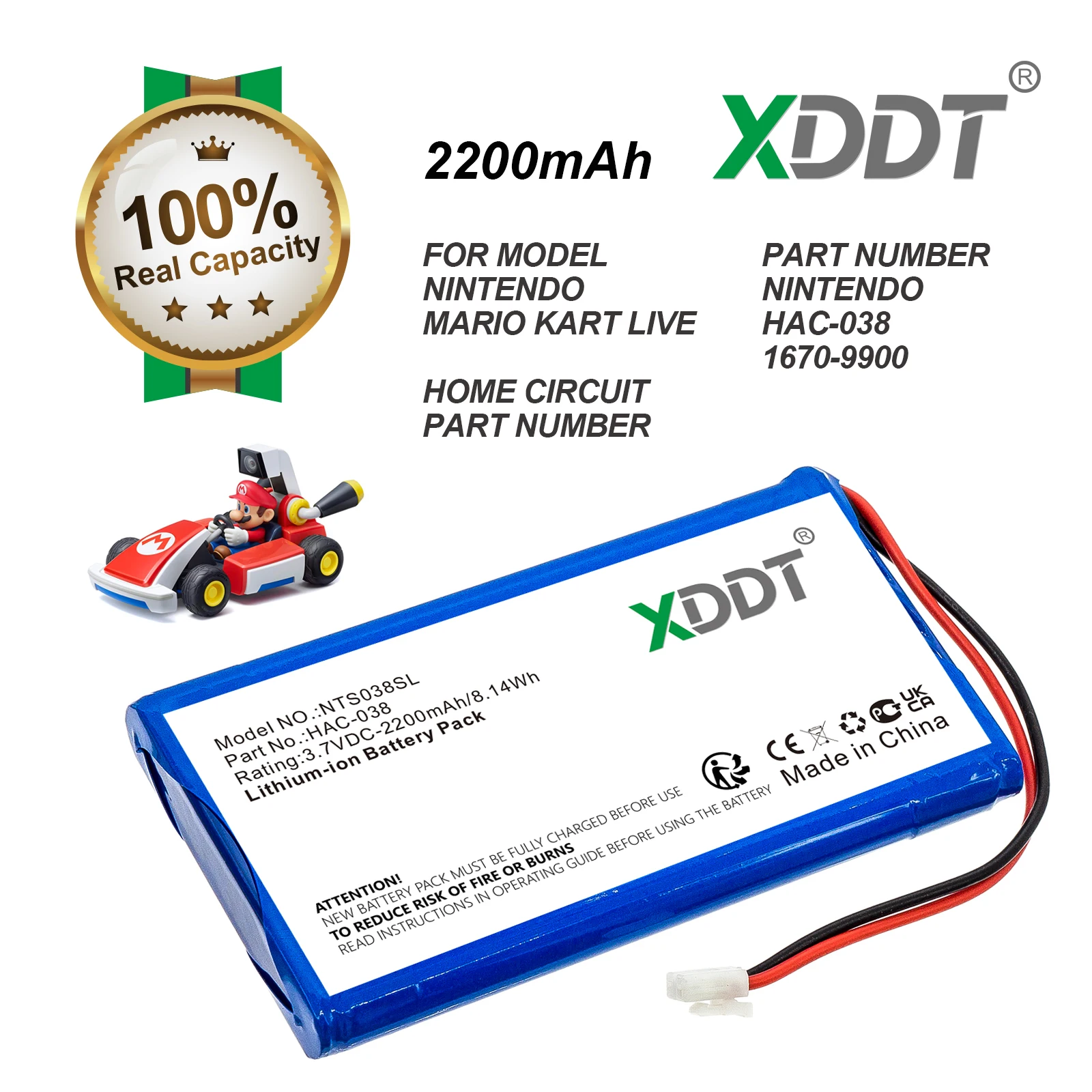 Game Console 2200mAh Battery For Nintendo:Mario Kart Live,Home Circuit,1670-9900,HAC-038, 9.14Wh Li-ion 3.7V