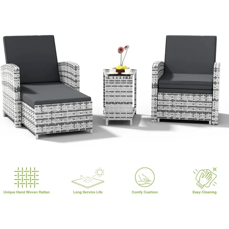 5-Piece Outdoor Wicker Furniture Set, Patio Chairs with Ottomans, Sofa and Table for Garden and Porch Conversation