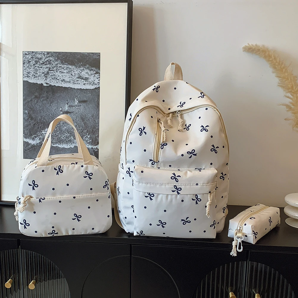 3 قطع/مجموعة حقيبة ظهر مطبوعة على شكل فيونكة مع حقيبة يد وحقيبة ظهر مدرسية للفتيات والنساء أثناء السفر